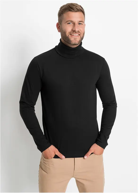 Rollkragen-Langarmshirt aus reiner Bio-Baumwolle in schwarz von vorne (im Anschnitt) - bonprix