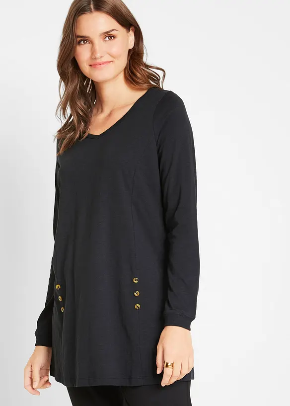 Longshirt aus reiner Baumwolle in schwarz von vorne (im Anschnitt) - bonprix
