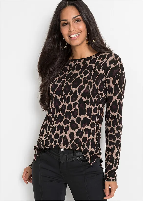 Feinstrickpullover mit Jacquardmuster in beige von vorne (im Anschnitt) - bonprix