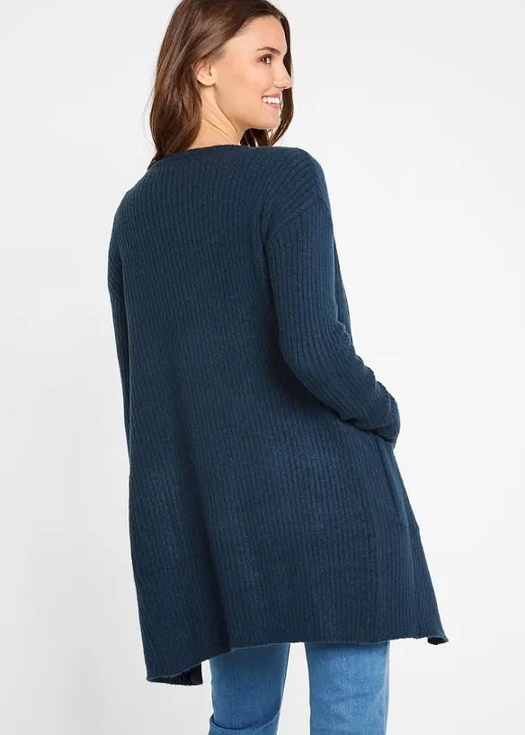 Longstrickjacke in breiter Rippenstruktur in blau von hinten (im Anschnitt) - bonprix