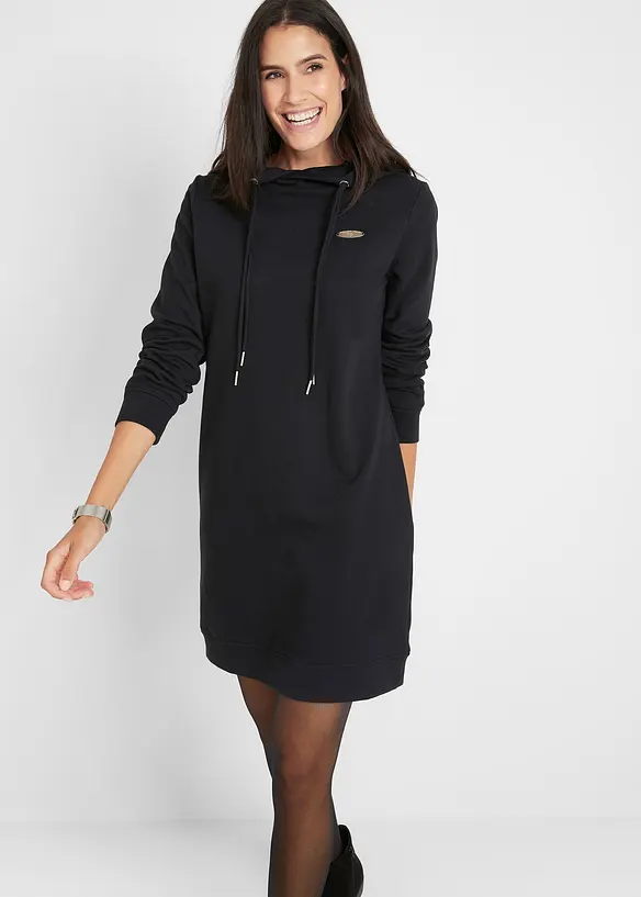 Sweatkleid mit Kapuze in schwarz von vorne (Totalaufnahme) - bonprix