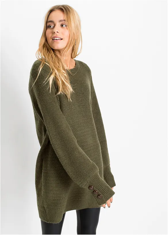 Longpullover mit Knöpfen in grün von vorne (im Anschnitt) - bonprix Longpullover mit Knöpfen in grün von vorne (im Anschnitt) - bonprix