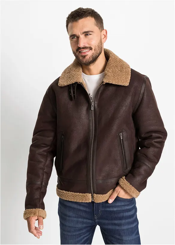 Lederimitat-Jacke mit Teddyfutter in braun von vorne (im Anschnitt) - bonprix