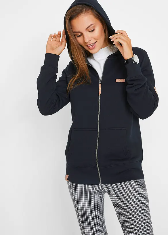 Kapuzen-Sweatjacke aus reiner Baumwolle in schwarz von vorne (im Anschnitt) - bonprix