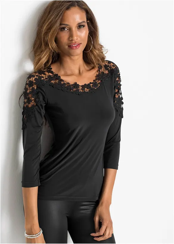 Shirt mit Häkeleinsatz und 3/4 Arm in schwarz von vorne (im Anschnitt) - bonprix