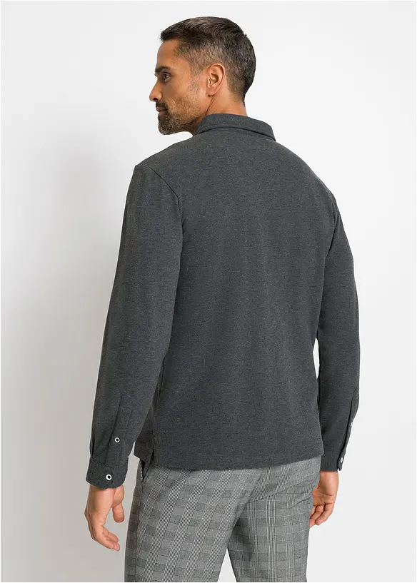 Piqué-Poloshirt, Langarm in grau von hinten (im Anschnitt) - bonprix