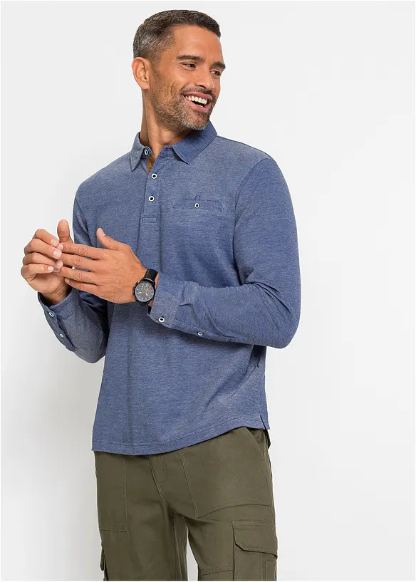 Piqué-Poloshirt, Langarm in blau von vorne (im Anschnitt) - bonprix