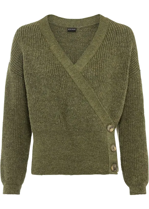 Oversize-Pullover in Wickeloptik in grün von vorne - bonprix