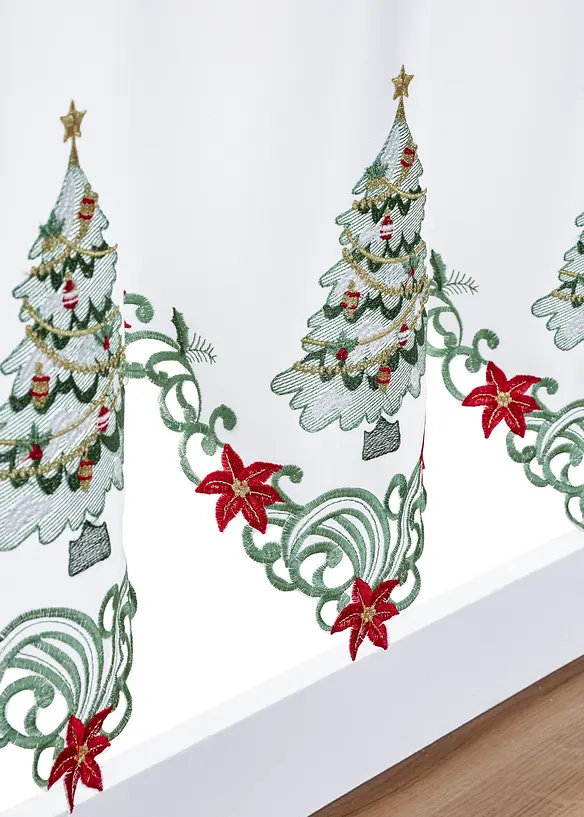 Scheibengardine mit weihnachtlicher Stickerei in weiß Detailaufnahme vom Material - bonprix