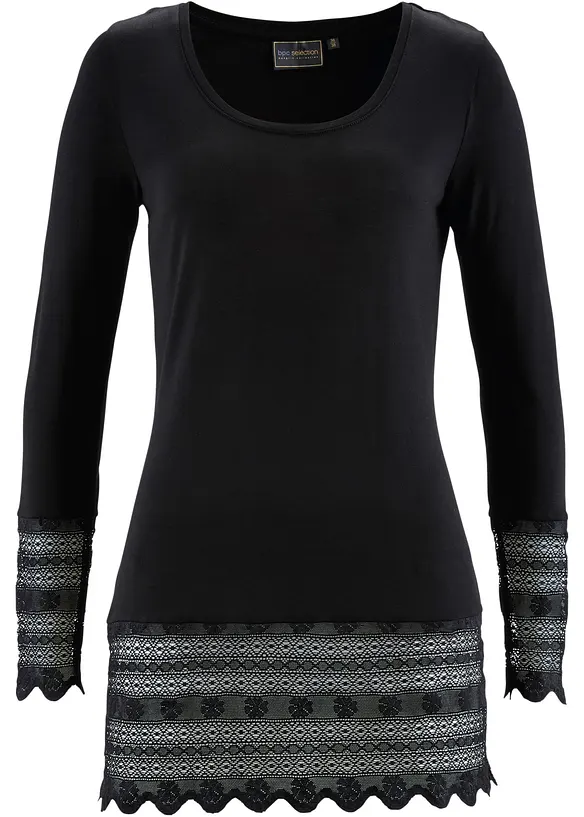 Longshirt mit Spitze in schwarz von vorne - bonprix