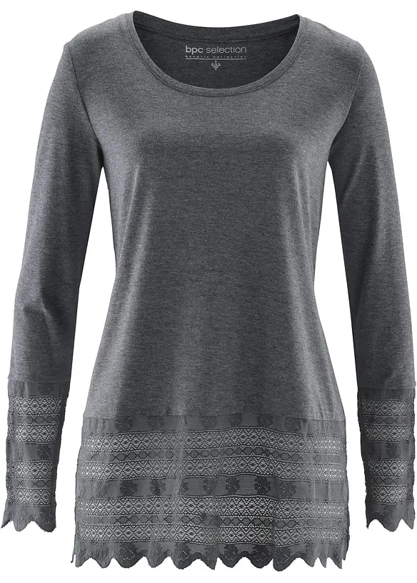 Longshirt mit Spitze in grau von vorne - bonprix