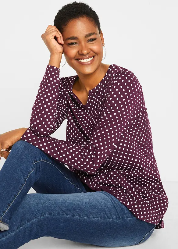 Gepunktetes Baumwoll-Langarmshirt mit Seitenschlitzen in lila von vorne (im Anschnitt) - bonprix Gepunktetes Baumwoll-Langarmshirt mit Seitenschlitzen in lila von vorne (im Anschnitt) - bonprix