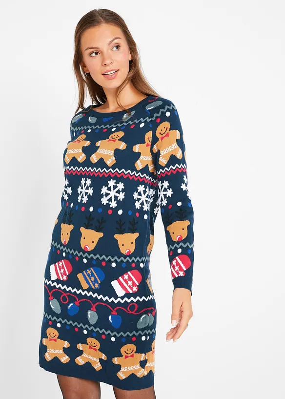 Weihnachts-Strickkleid in blau von vorne (Totalaufnahme) - bonprix Weihnachts-Strickkleid in blau von vorne (Totalaufnahme) - bonprix