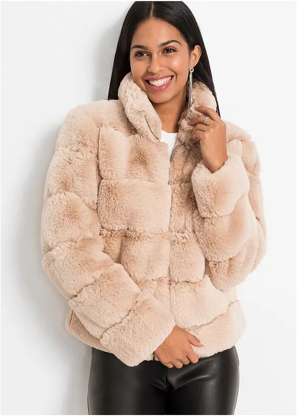 Fellimitat-Jacke mit Reißverschluss in rosa von vorne (im Anschnitt) - bonprix