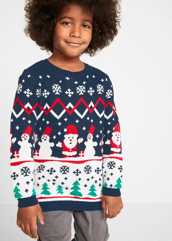 Feinstrickpullover mit Weihnachtsmotiv aus reiner Baumwolle in blau von vorne (im Anschnitt) - bonprix