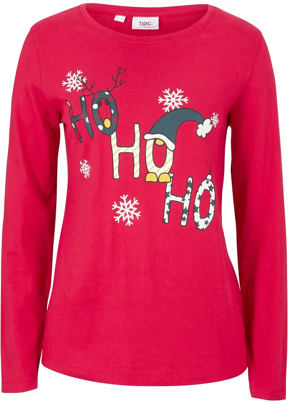 Langarmshirt mit Weihnachtsmotiv in rot von vorne - bonprix