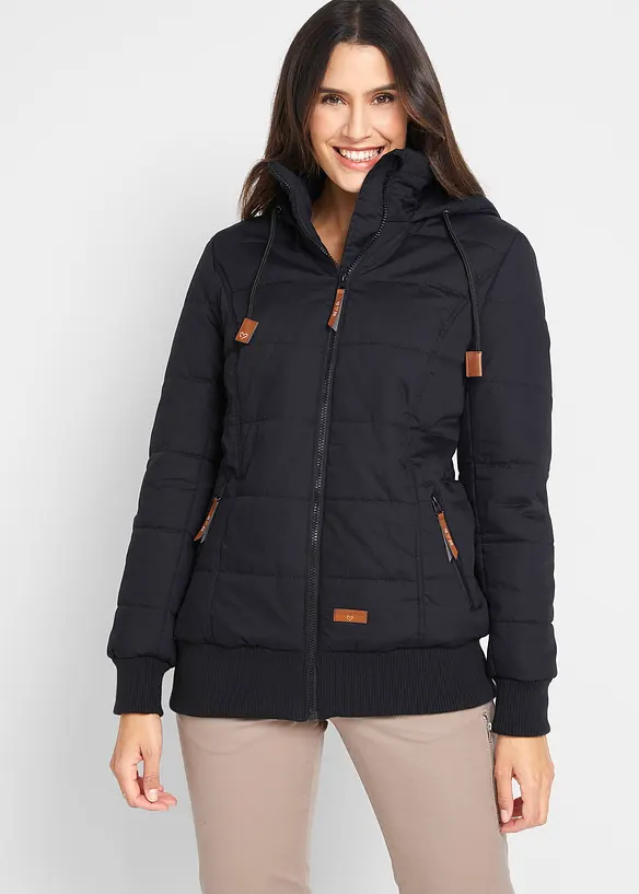 Outdoorjacke mit Lederimitat-Details in schwarz von vorne (im Anschnitt) - bonprix