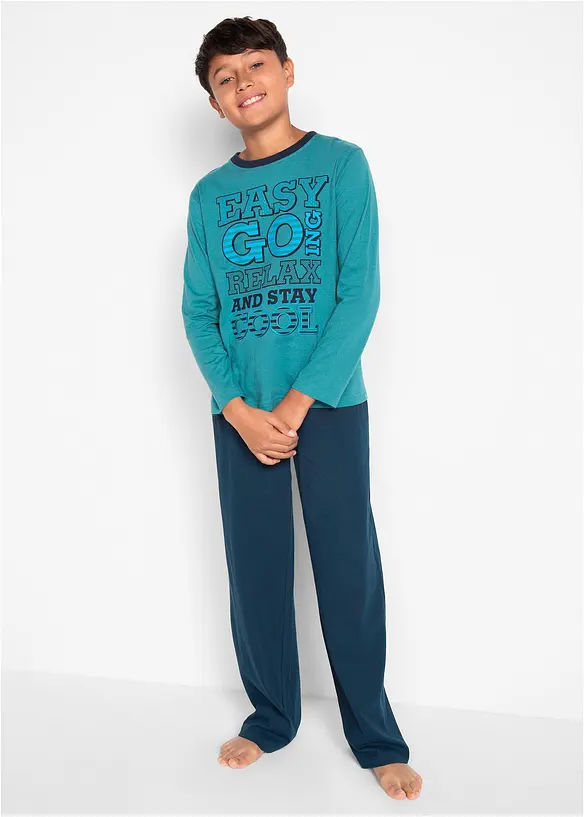 Pyjama aus reiner Baumwolle in petrol von vorne (Totalaufnahme) - bonprix