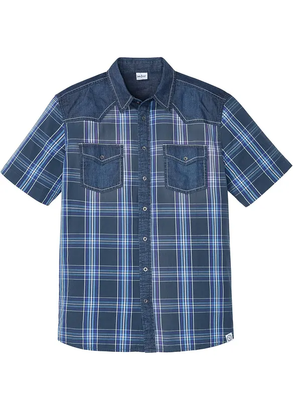 Kurzarmhemd mit Denimbesatz aus reiner Bio-Baumwolle in blau von vorne - bonprix