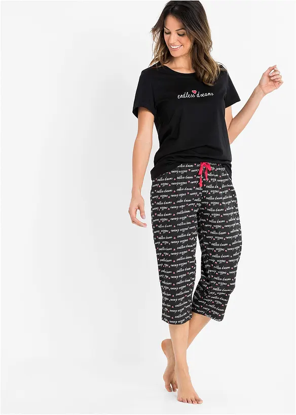 Capri Pyjama aus reiner Baumwolle in schwarz von vorne (Totalaufnahme) - bonprix