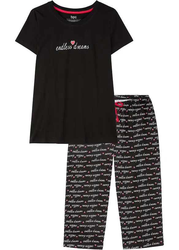 Capri Pyjama aus reiner Baumwolle in schwarz von vorne - bonprix
