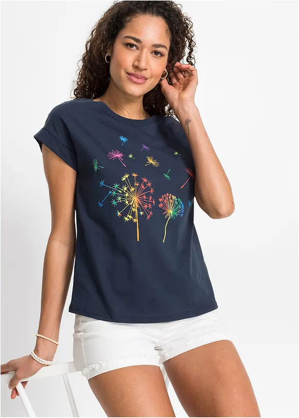 T-Shirt mit floralem Print in blau von vorne (im Anschnitt) - bonprix