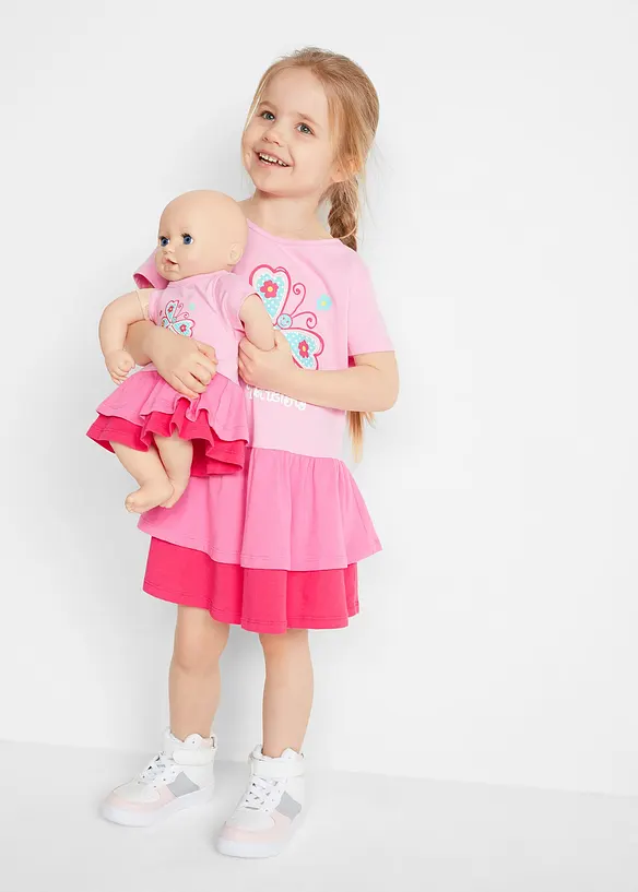 Shirtkleid und Puppenkleid (2-tlg.) aus reiner Bio-Baumwolle in rosa von vorne (Totalaufnahme) - bonprix