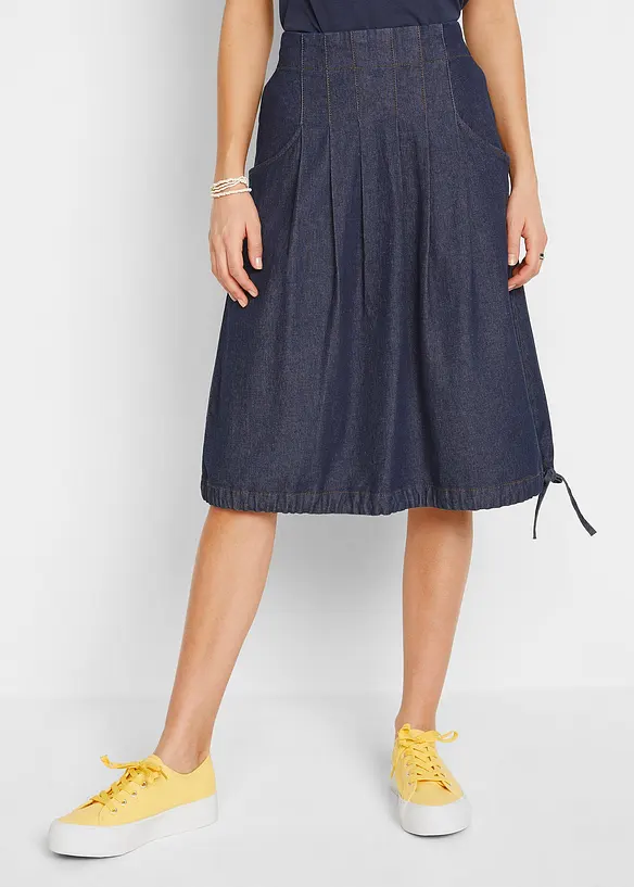 Stretch-Jeansrock mit Biesen, Bindeband und Bequembund in blau von vorne - bonprix
