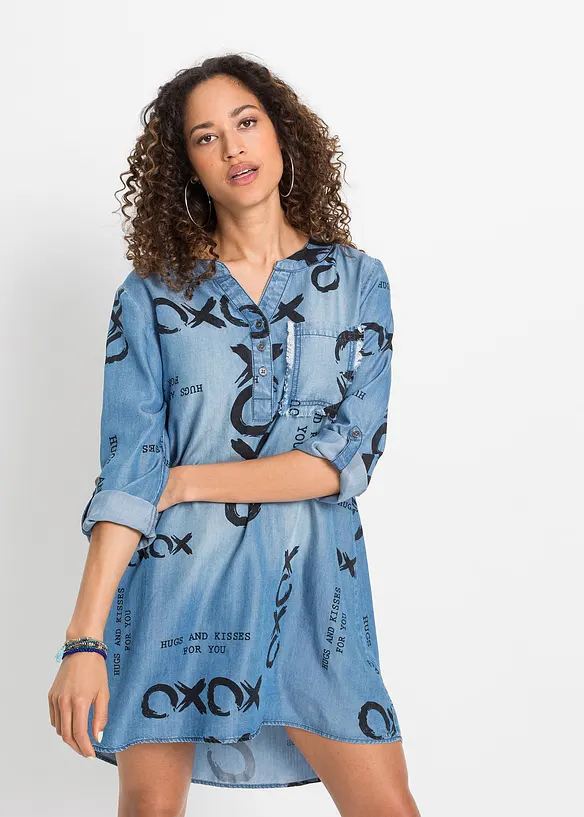 Kleid aus fließendem Lyocell in blau von vorne (Totalaufnahme) - bonprix Kleid aus fließendem Lyocell in blau von vorne (Totalaufnahme) - bonprix