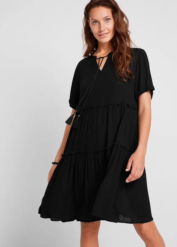 Knieumspielendes Kleid aus strukturierter Viskose in schwarz von vorne (Totalaufnahme) - bonprix Knieumspielendes Kleid aus strukturierter Viskose in schwarz von vorne (Totalaufnahme) - bonprix