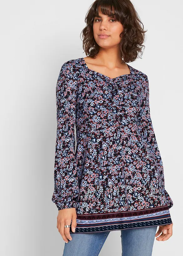 Shirt-Tunika aus Baumwoll-Viskose-Mix in blau von vorne (im Anschnitt) - bonprix