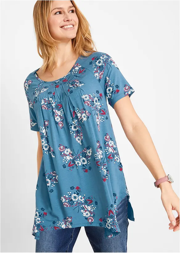 Zipfel-Longshirt, kurzarm in blau von vorne (im Anschnitt) - bonprix