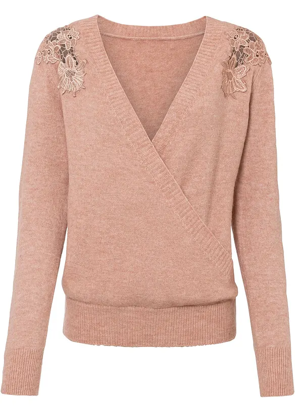 Pullover mit Spitzeneinsatz in rosa von vorne - bonprix