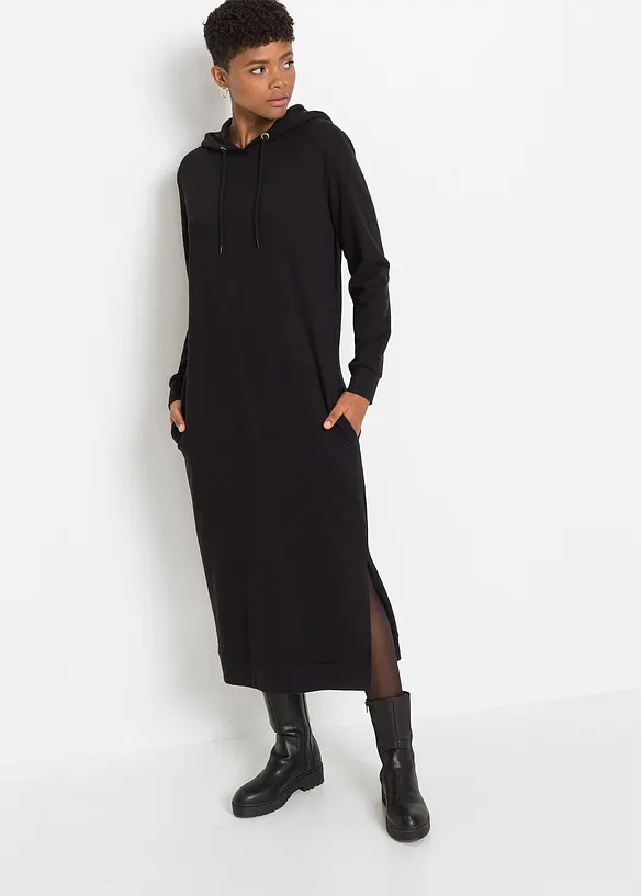 Sweatkleid mit Kapuze in schwarz von vorne (Totalaufnahme) - bonprix