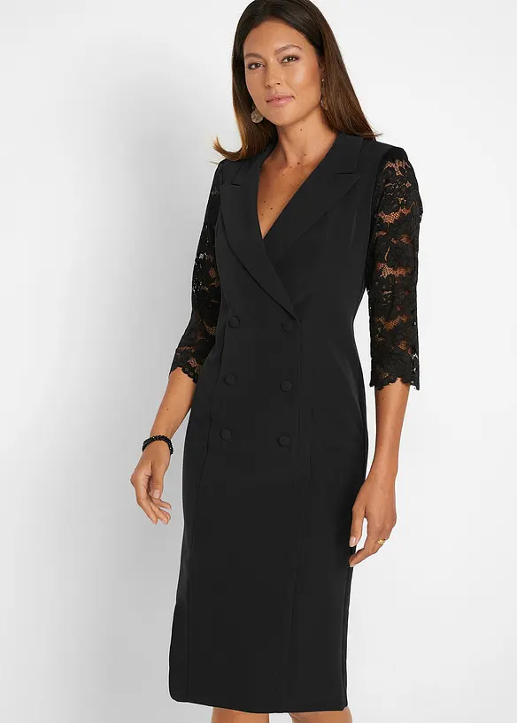 Blazer-Kleid mit Spitzenärmeln in schwarz von vorne (Totalaufnahme) - bonprix