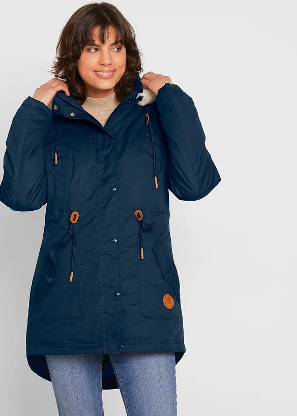 Wattierter Parka mit Fellimitat-Besatz in blau von vorne (im Anschnitt) - bonprix