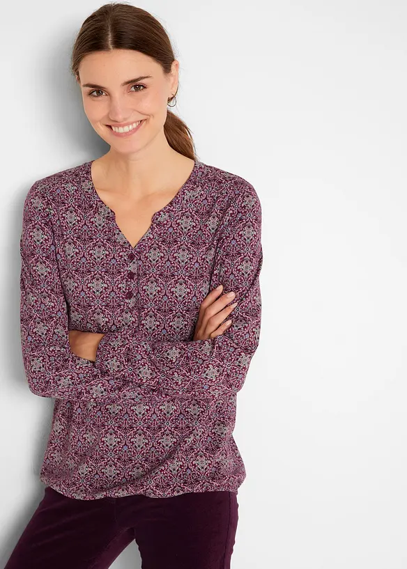 Bedrucktes Langarmshirt mit Henley-Kragen in lila von vorne (im Anschnitt) - bonprix