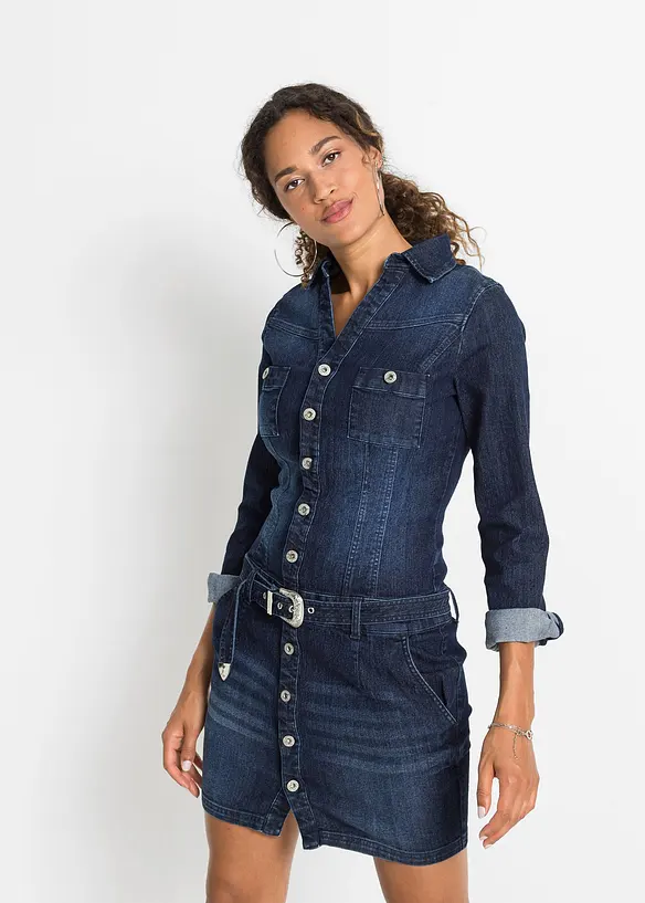 Jeans Kleid mit Gürtel in blau von vorne (Totalaufnahme) - bonprix