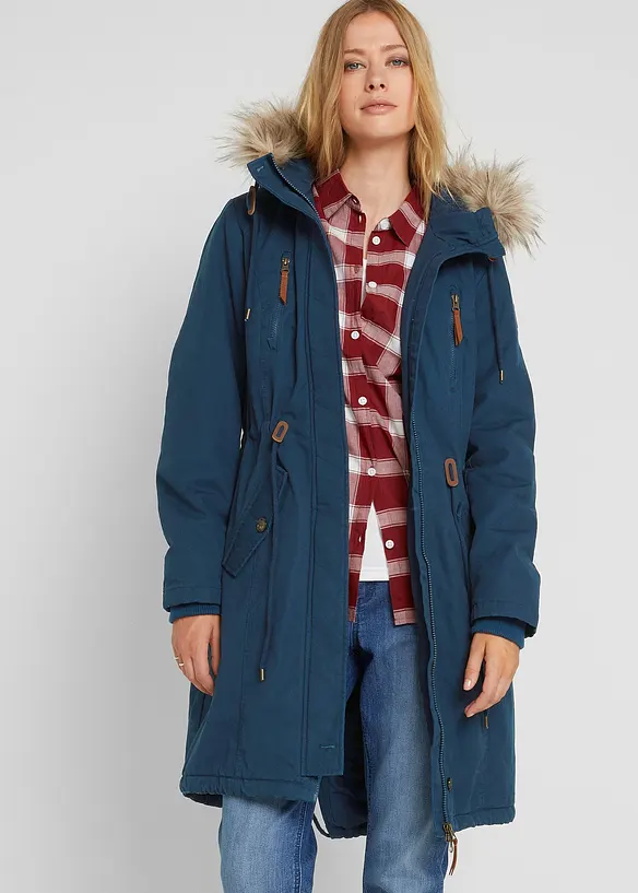 Winterparka mit Fellimitat-Kapuze in blau von vorne (im Anschnitt) - bonprix