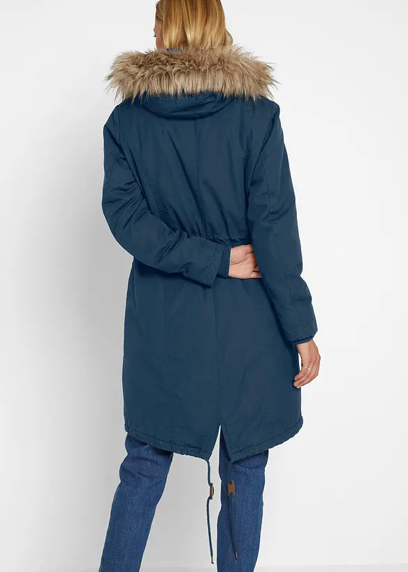Winterparka mit Fellimitat-Kapuze in blau von hinten (im Anschnitt) - bonprix
