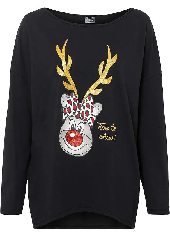 Off-Shoulder-Shirt mit Weihnachtsmotiv in schwarz von vorne - bonprix