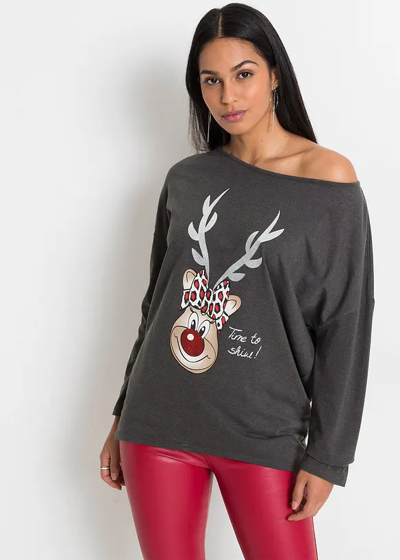 Off-Shoulder-Shirt mit Weihnachtsmotiv in grau von vorne (im Anschnitt) - bonprix