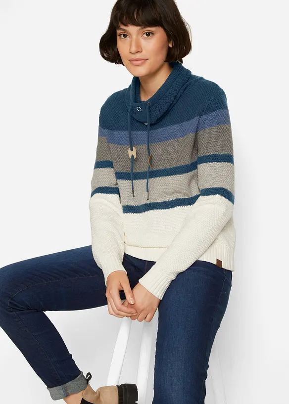 Pullover mit Schlauchkragen aus reiner Baumwolle in blau von vorne (im Anschnitt) - bonprix Pullover mit Schlauchkragen aus reiner Baumwolle in blau von vorne (im Anschnitt) - bonprix