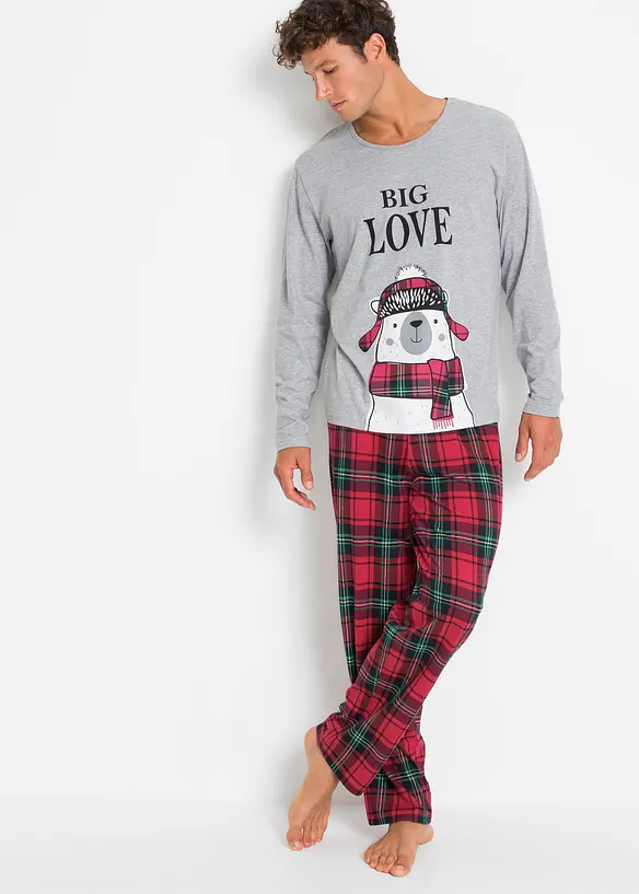 Pyjama mit Bio-Baumwolle und langen Ärmeln in grau von vorne (Totalaufnahme) - bonprix