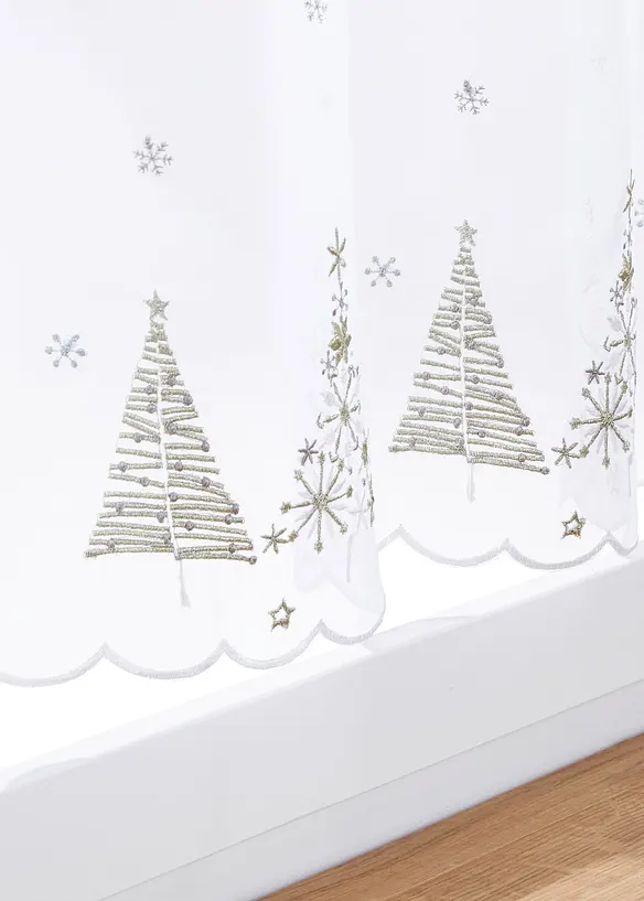 Scheibengardine mit weihnachtlicher Stickerei in weiß Detailaufnahme vom Material - bonprix