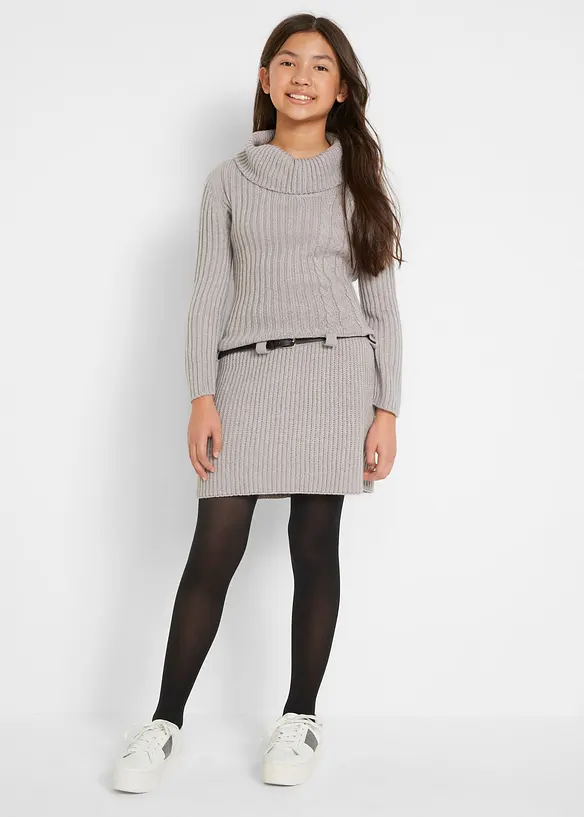 Strickkleid mit Gürtel (2-tlg. Set) in grau von vorne (Totalaufnahme) - bonprix