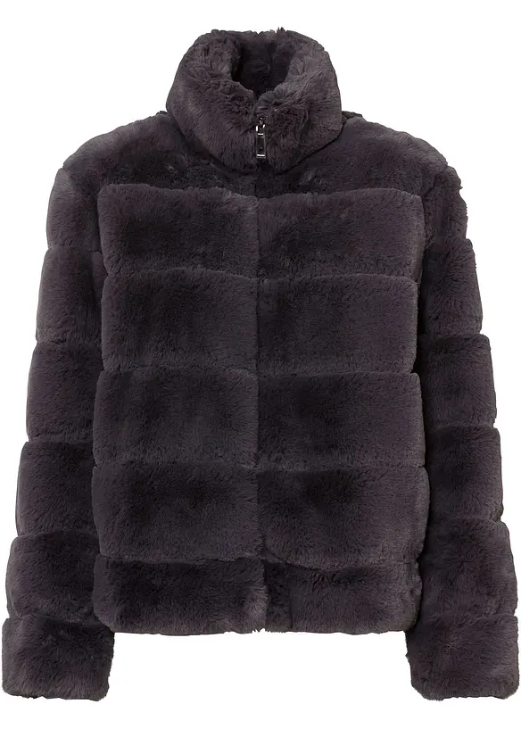 Fellimitat-Jacke mit Reißverschluss in grau von vorne - bonprix