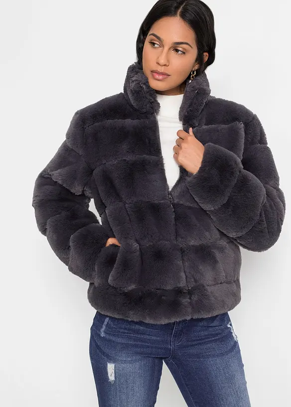 Fellimitat-Jacke mit Reißverschluss in grau von vorne (im Anschnitt) - bonprix