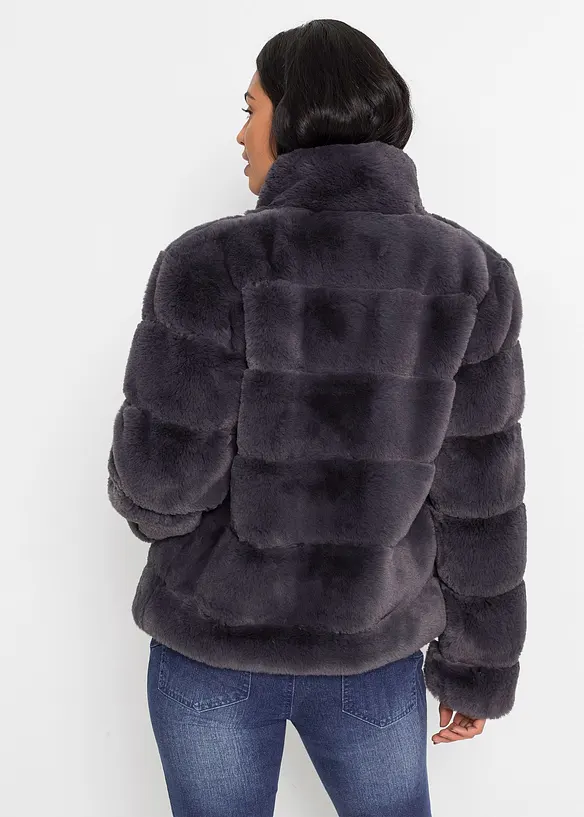 Fellimitat-Jacke mit Reißverschluss in grau von hinten (im Anschnitt) - bonprix