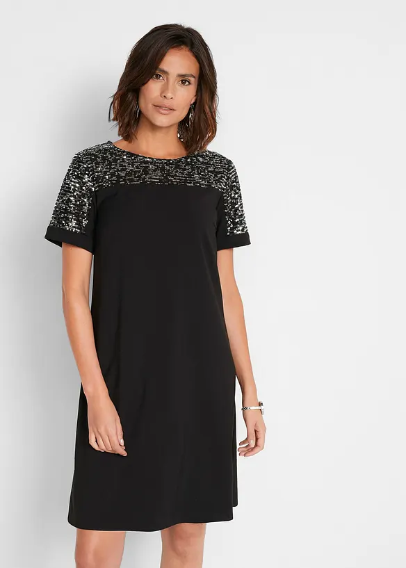 Kleid mit Pailetten-Einsatz in schwarz von vorne (Totalaufnahme) - bonprix